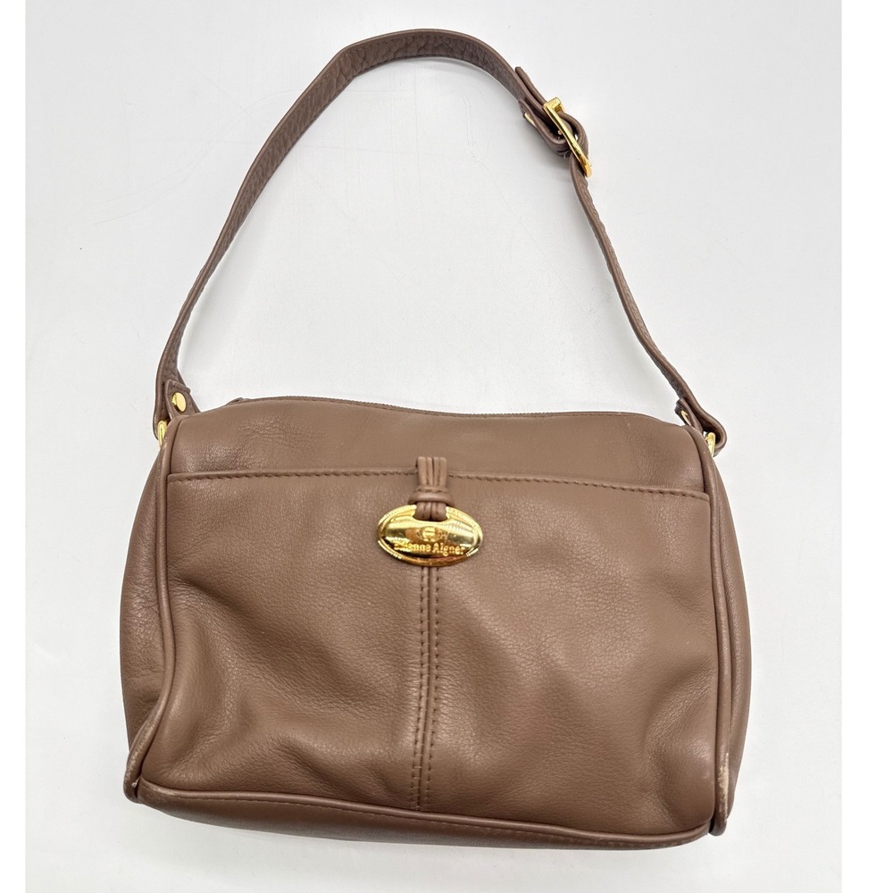 Etienne Aigner Vintage Taupe Pebble Leather Shoulder Bag Gold Logo Hardware